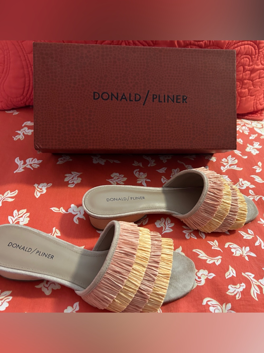 Donald J. Pliner Pink and Yellow Fringe Slide Mules